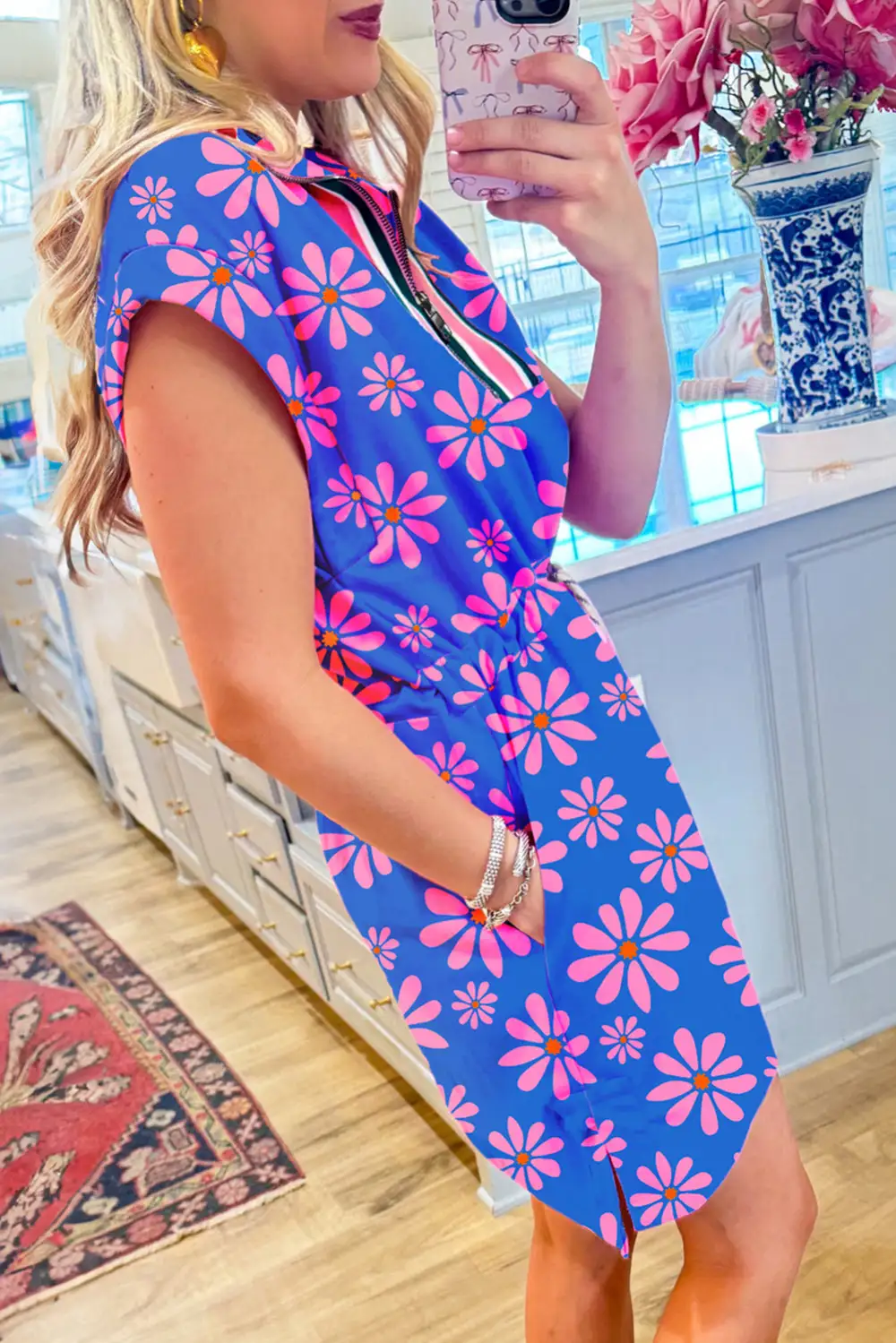 Quarter Zip Cap Sleeve Drawstring Waist Mini Dress