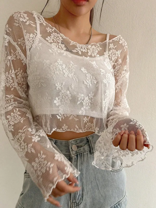 Women's Sheer Round-Neck Long-Sleeve Blouse