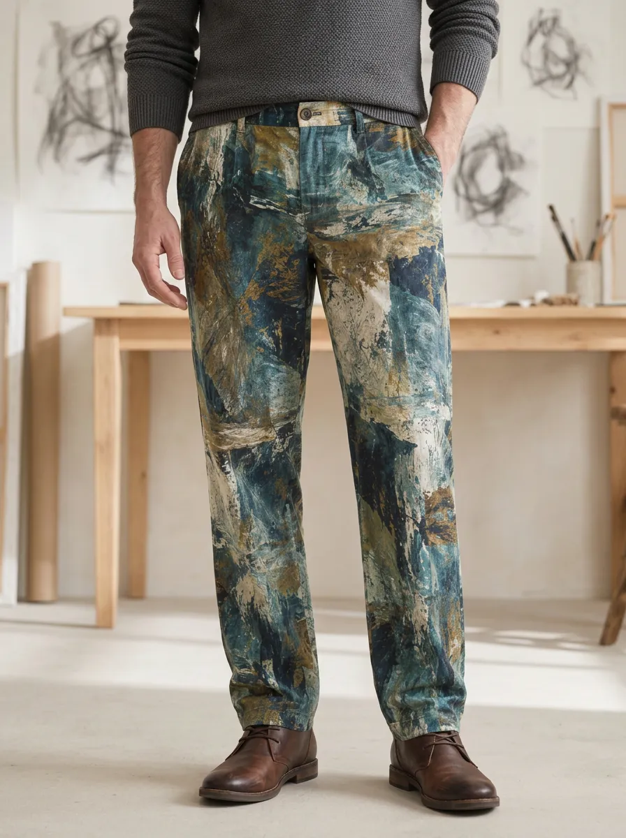 Men's Abstract Art Style Blue Green Oil Painting Printed Pants