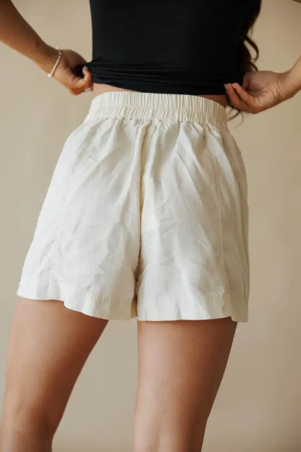 Linen Blend Elastic Waist Pocket Casual Shorts