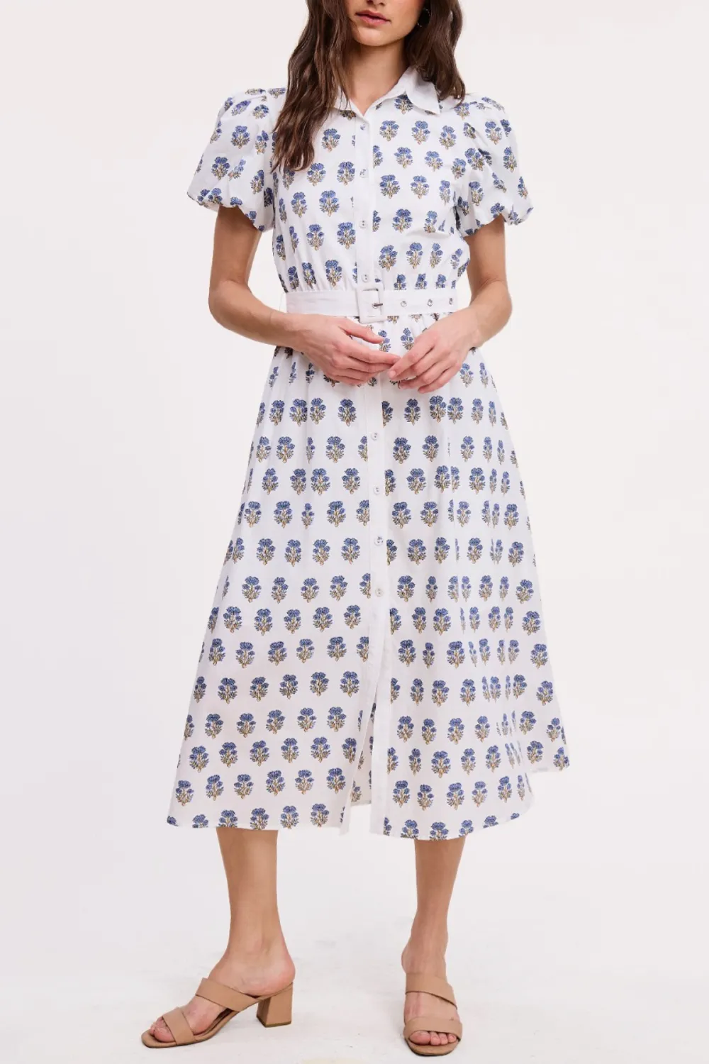 Contrast Trim Floral Print Button Down Midi Dress