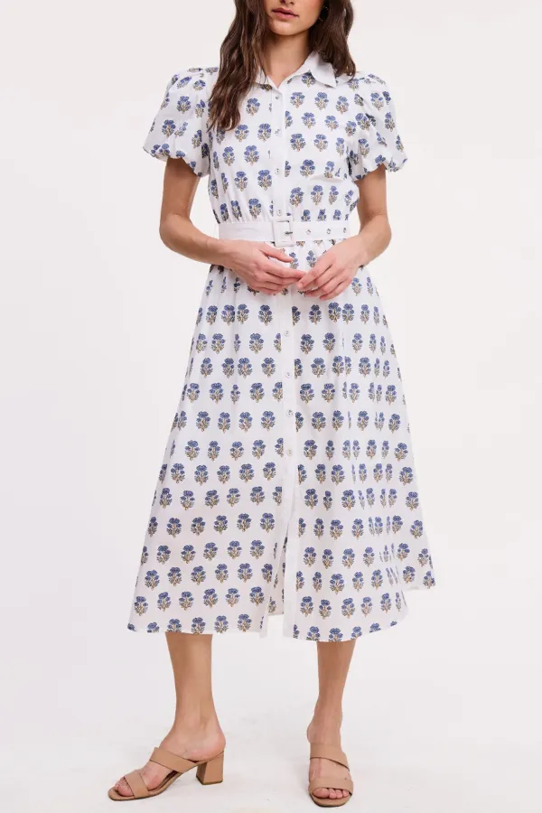 Contrast Trim Floral Print Button Down Midi Dress