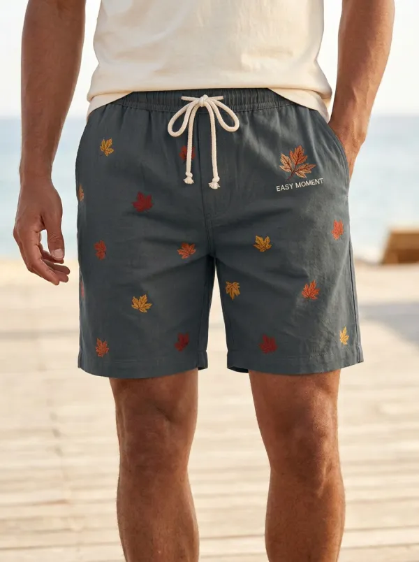 Tan Leaf-embroidered Drawstring Shorts