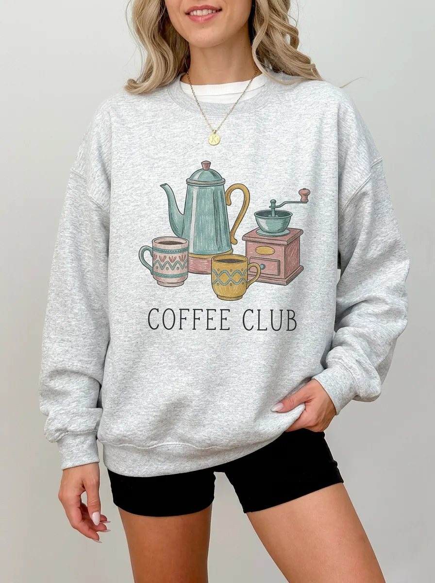 Women's Coffee-Inspired Coffee Club Pot and Grinder Printed Sweatshirt