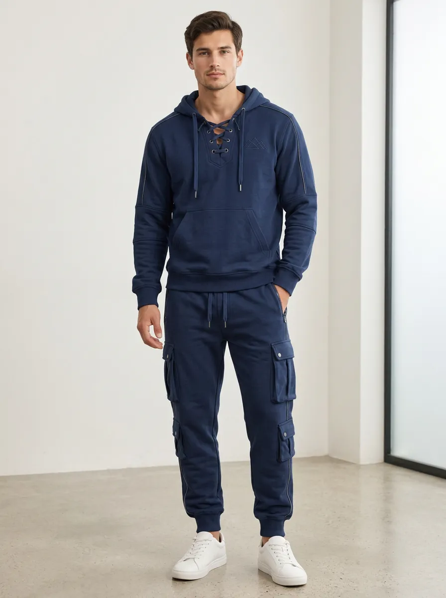 Core Lace-Up Multi Pocket Profile Men's Lace Up Hoodie And Cargo Jogger Set