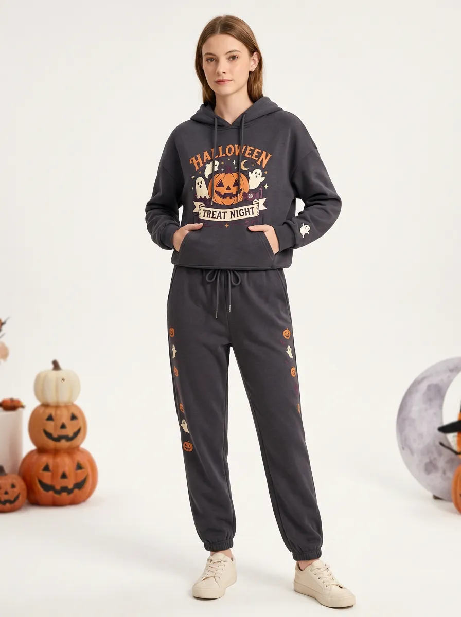 Women's Halloween Treat Night Pumpkin Ghost Printed Lounge Set