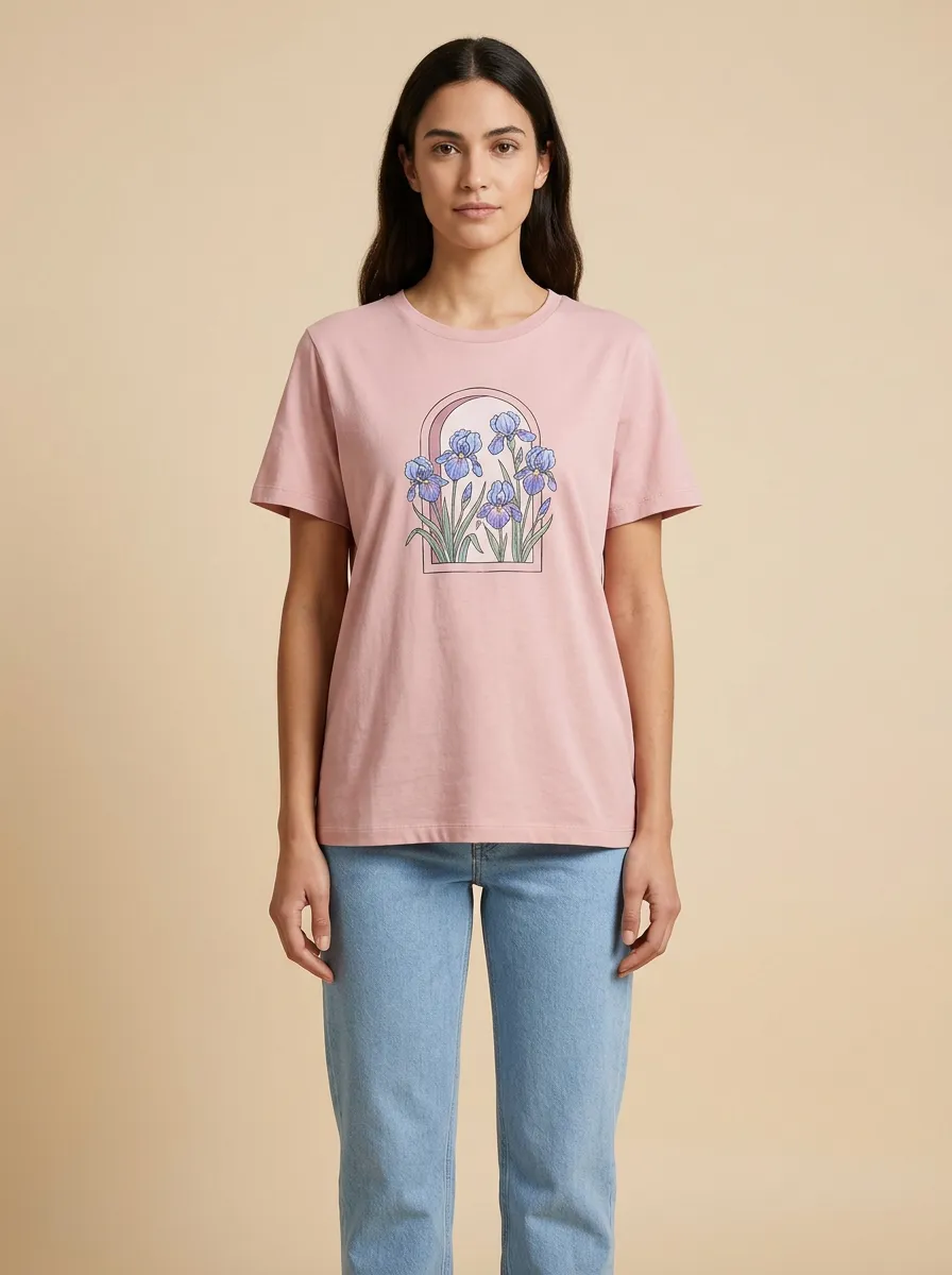 Women's Crew-Neck Graphic Floral Ribbed Short-Sleeve T-Shirt