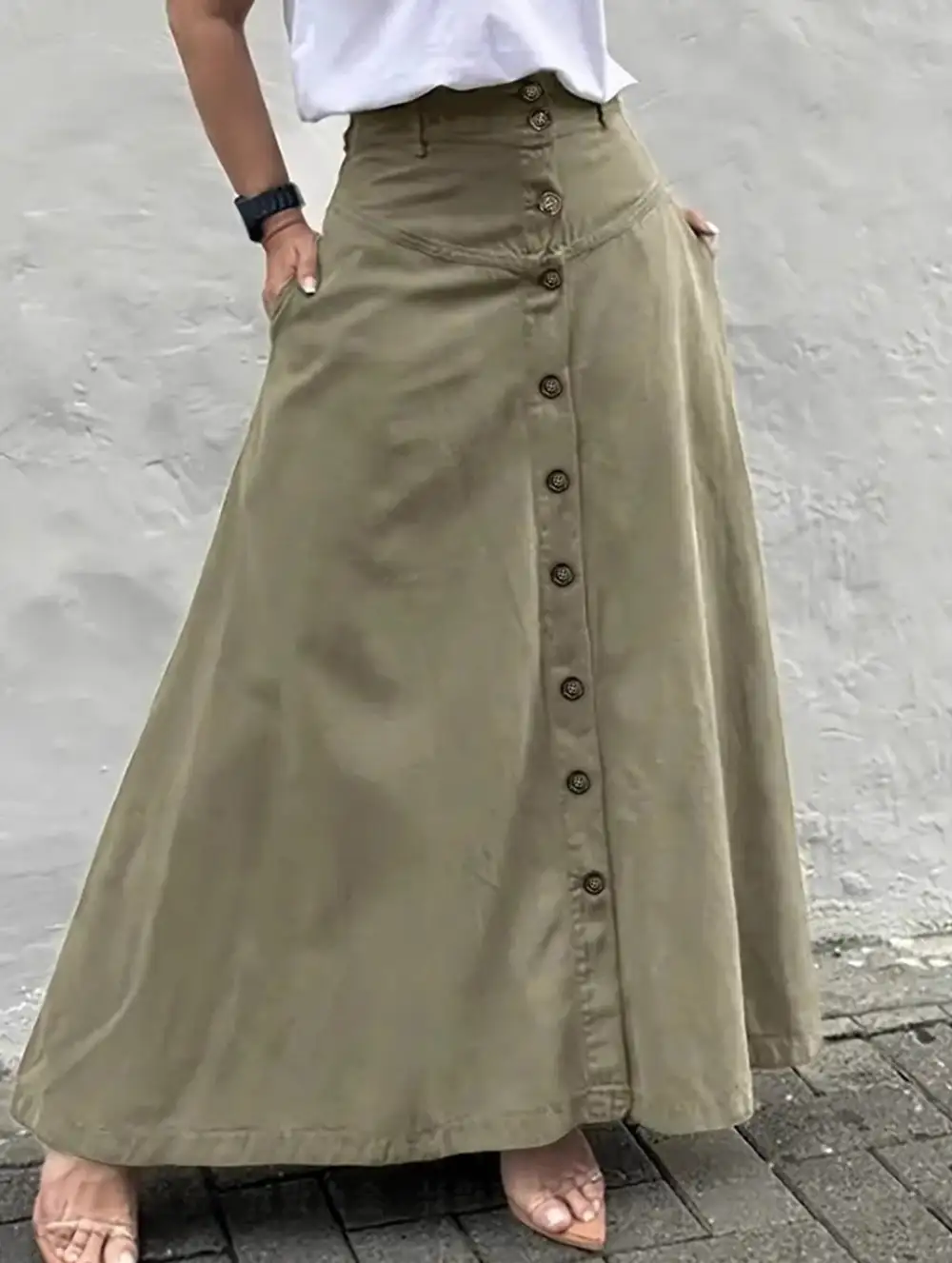 Button Front Slit A-Line Midi Skirt