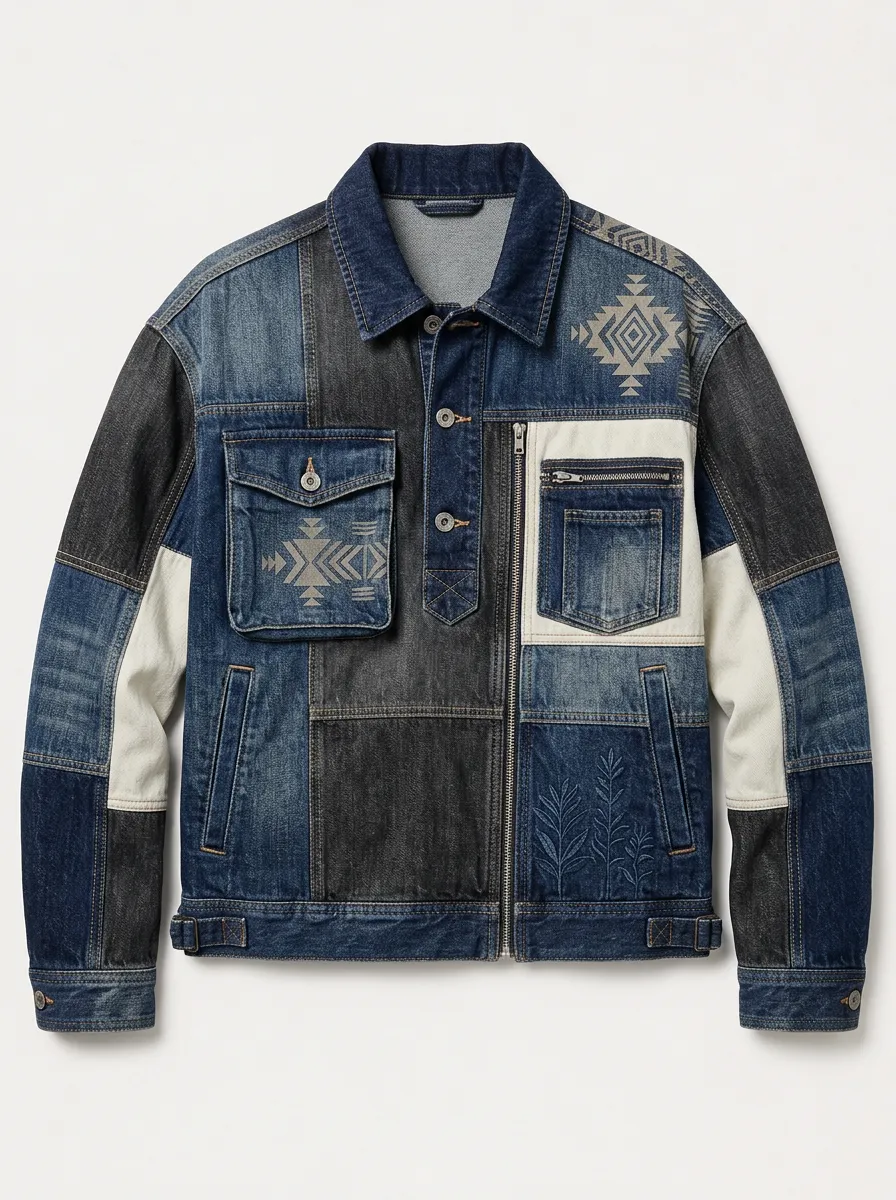 Men's Western Tribal Patchwork Printed Denim Jacket