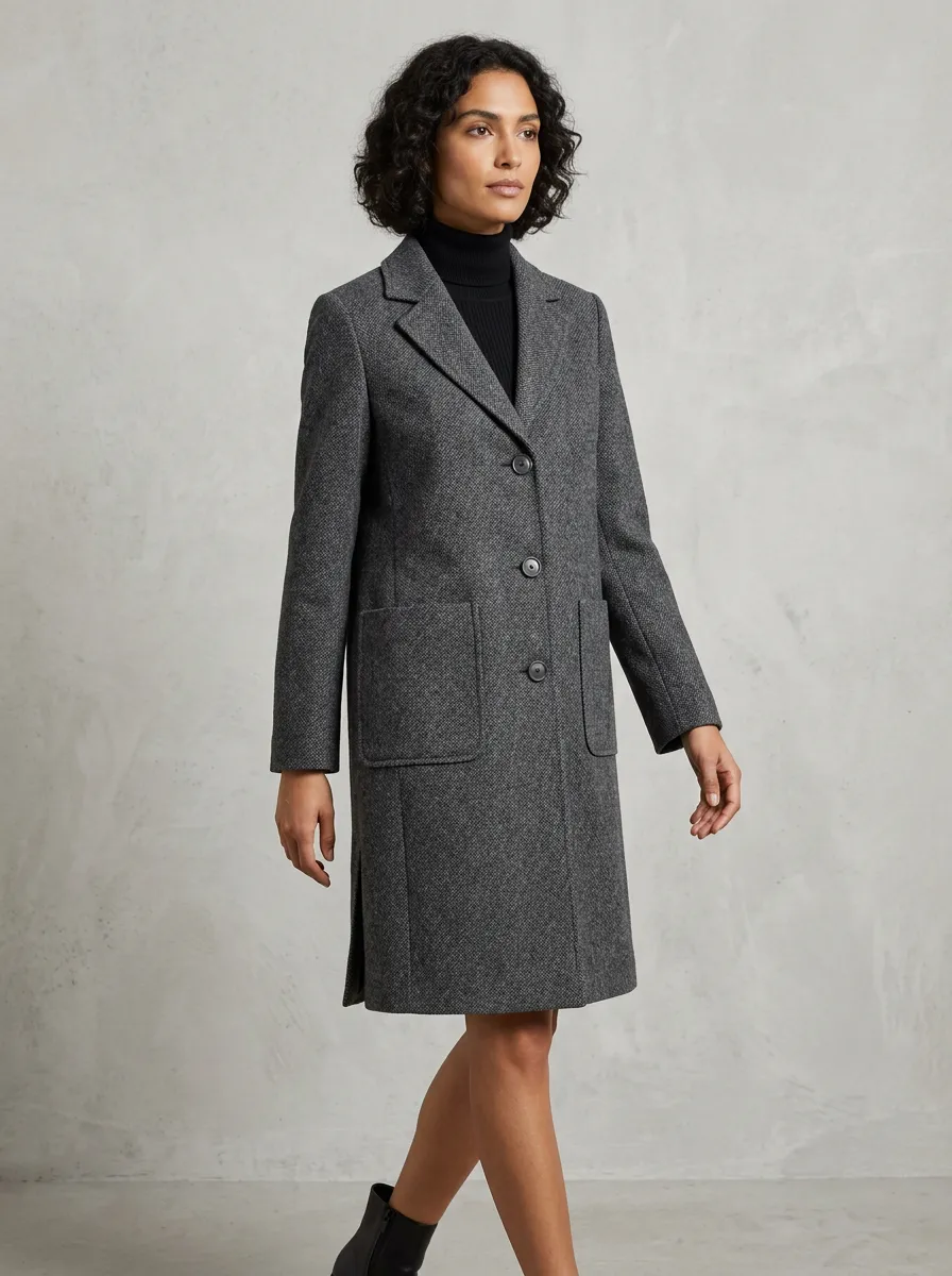 Women's Classic Minimalist Gray Herringbone Pattern Coat