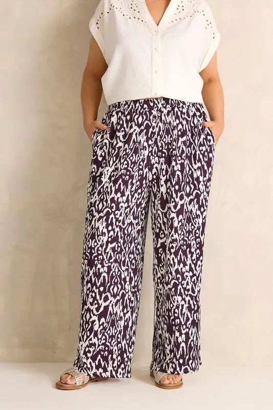 Berry Red Ikat Print Shirred Waist Trousers