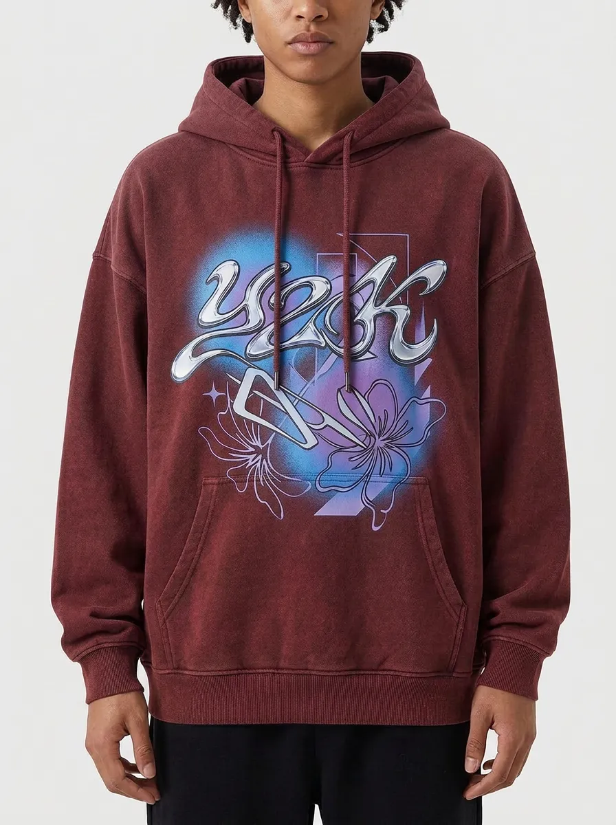 Unisex Y2K Floral Chrome Lettering Hoodie