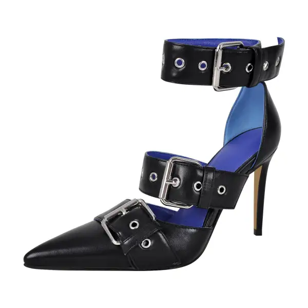 Polished Pointed Toe Stiletto Buckle Strap Pumps