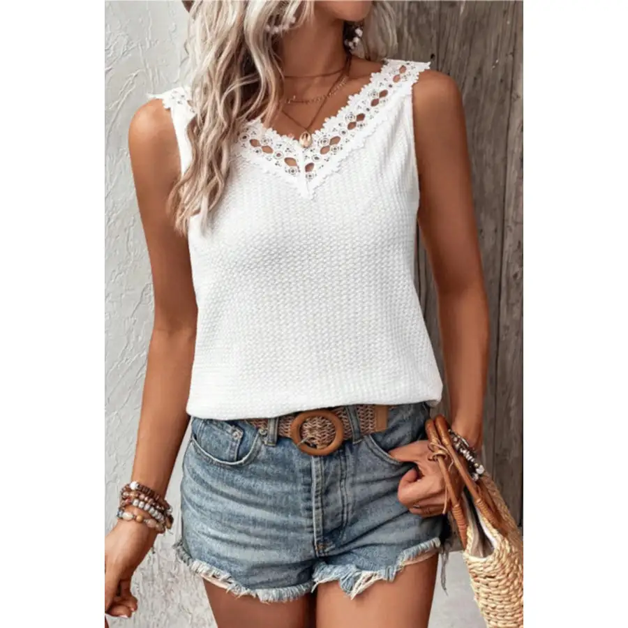 Lace Detail Textured V Neck Tank
