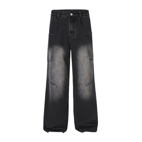 Straight Leg Cargo Washed Denim Jeans