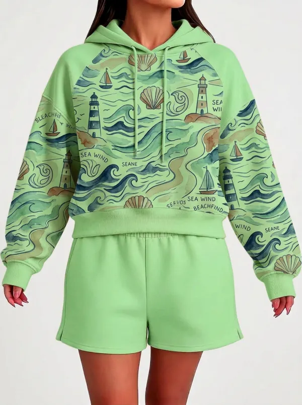Women's Nautical Beach Lover Lighthouse Seashell Printed Hoodie