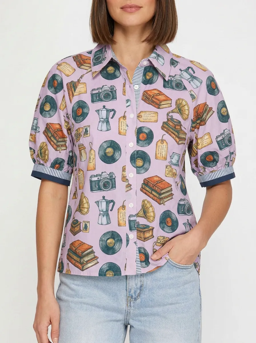 Women's Vintage Hobby Lover Camera Vinyl Book Graphic Shirt