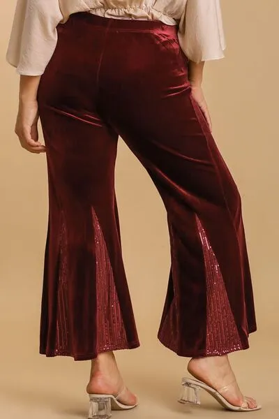 Sequin Elastic Waist Velvet Stretch Flared Pants