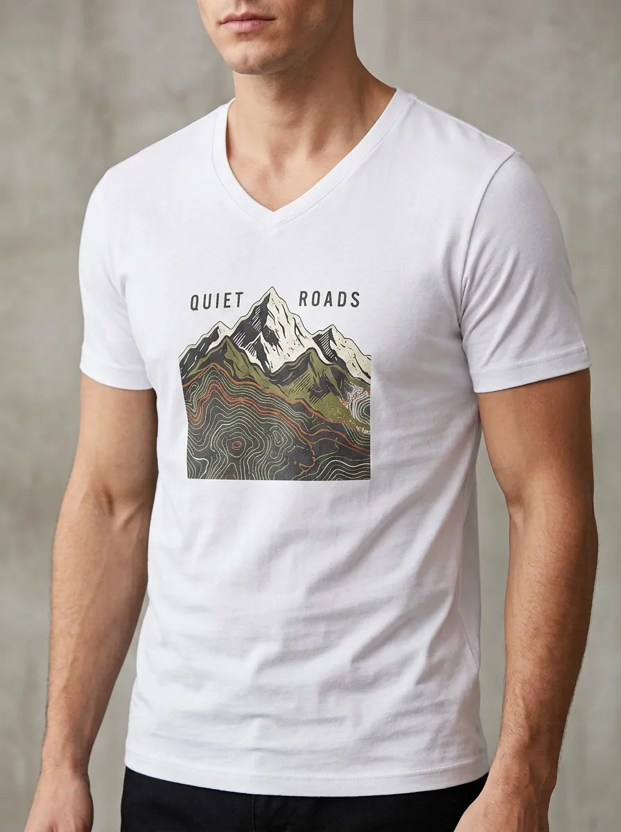 Men's Outdoor Adventure Quiet Roads Mountain Topographic Printed V-neck T-shirt