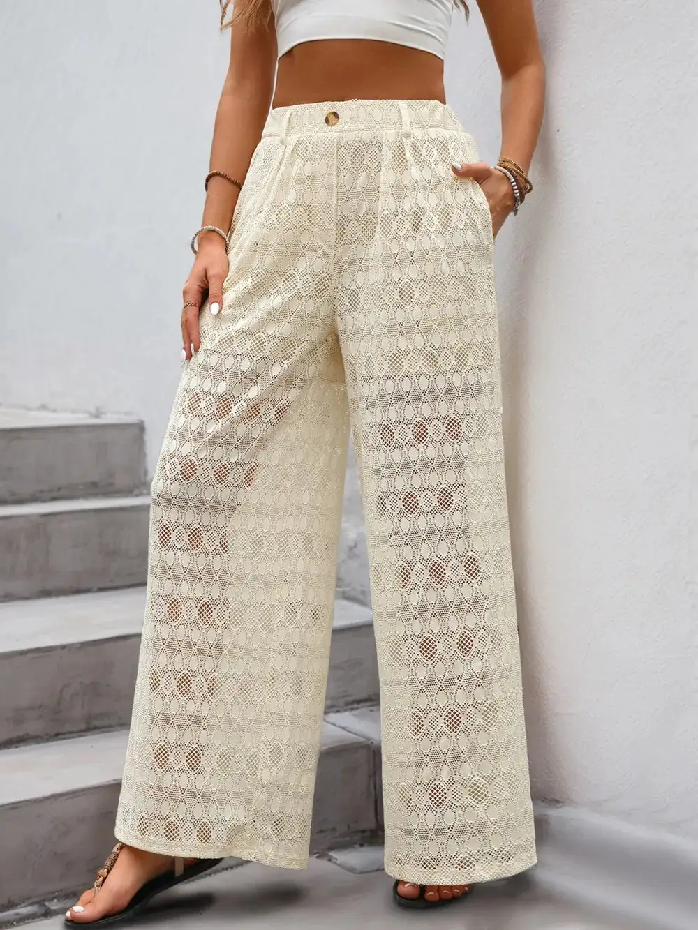 Wide Leg Button Detail Pocketed Casual Pants