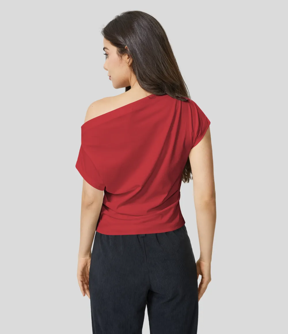 Off Shoulder Short Sleeve Ruched Casual Cotton Top