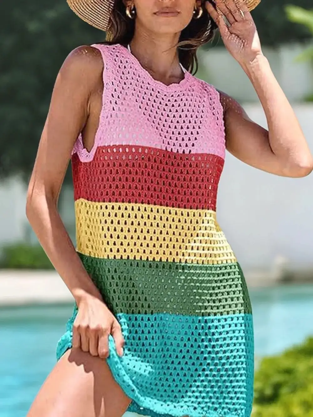 Blocked Pattern Openwork Sleeveless Panel Detail Swim Cover Up