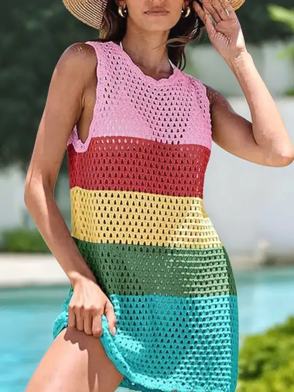 Blocked Pattern Openwork Sleeveless Panel Detail Swim Cover Up