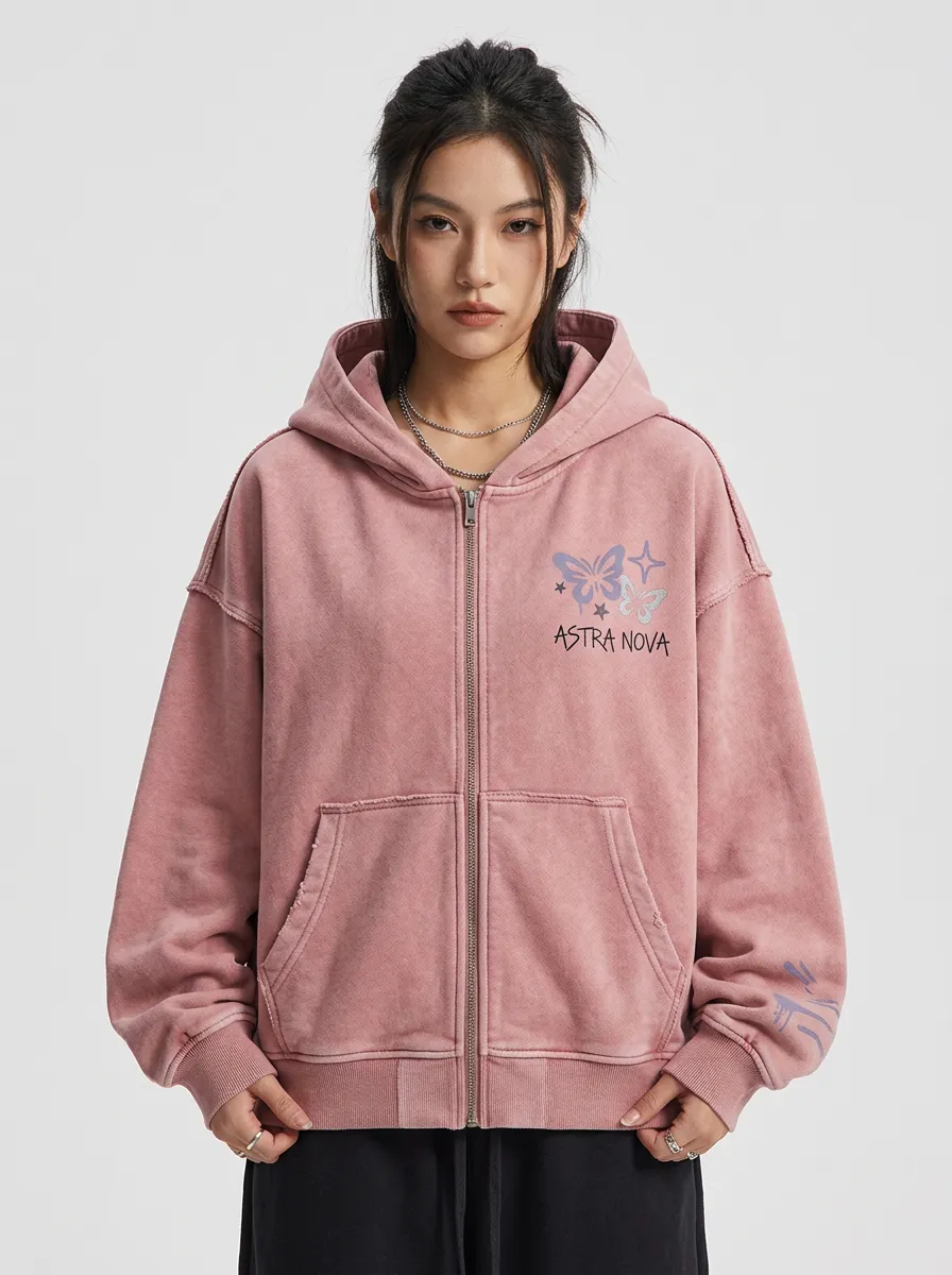 Women's Streetwear Astra Nova Butterfly Star Printed Zip-up Hoodie