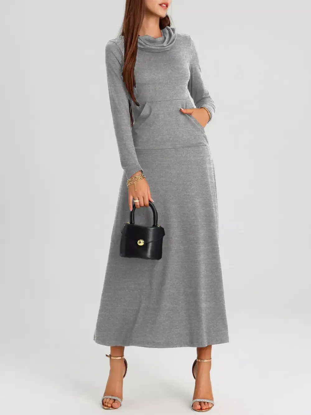 Cowl Neck Long Sleeve Midi Dress