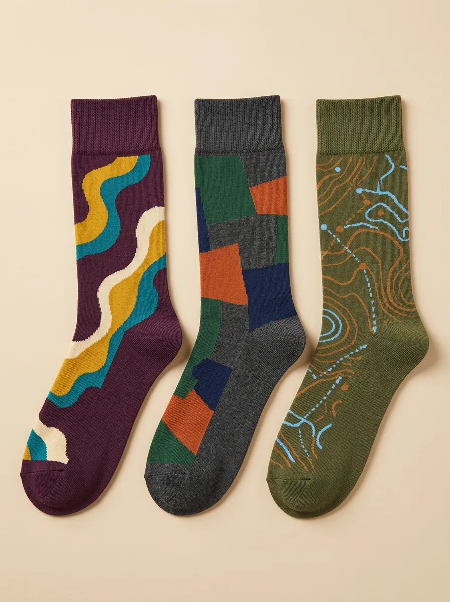 Men's Abstract Geometric Topographic Printed Three-Pack Socks