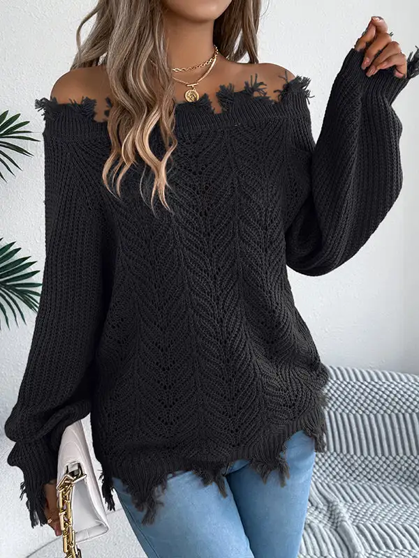 Ribbed Openwork Sheer Detail Off Shoulder Long Sleeve Sweater