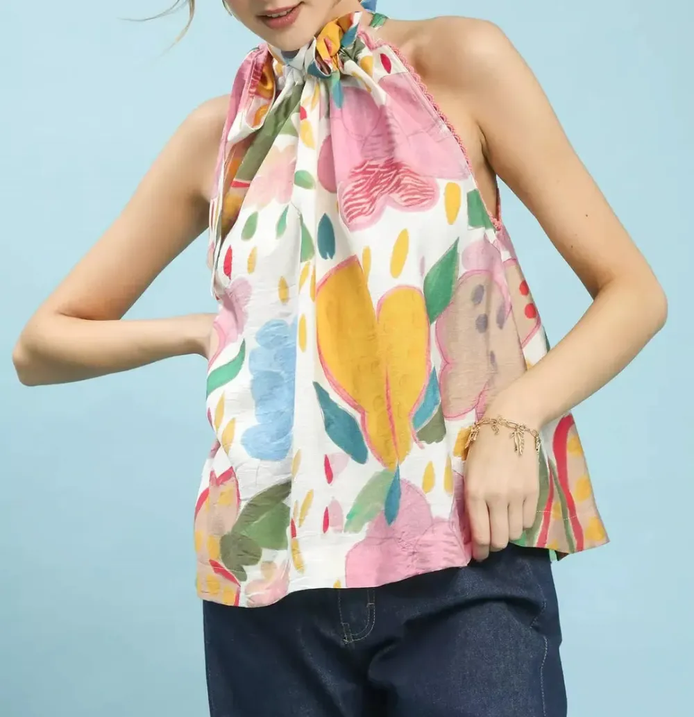 Floral Print Halter Neck Ruffled Lace Trim Boho Top