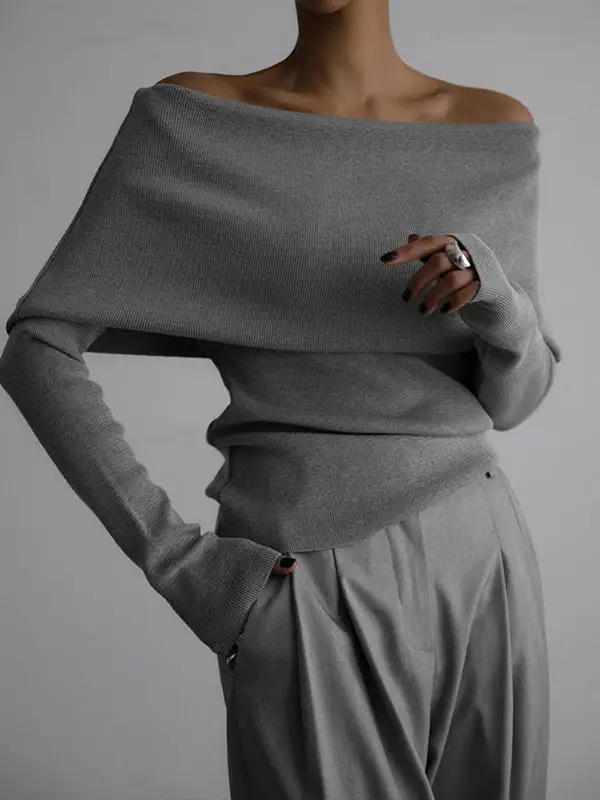 Off Shoulder Long Sleeve Relaxed Fit Pullover Sweater