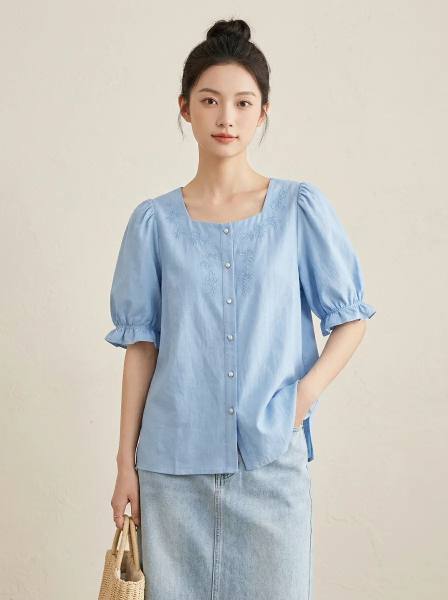 Embroidered Eyelet Floral Women's Puff-Sleeve Blouse