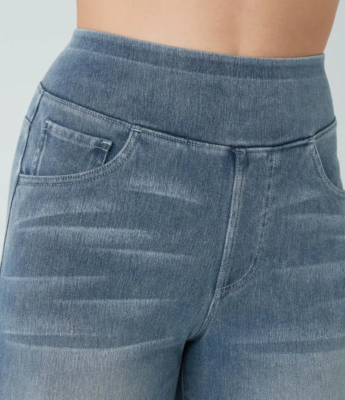 2026🔥  High Waisted Multiple Pockets Baggy Wide Leg Washed Stretchy Knit Casual Jeans