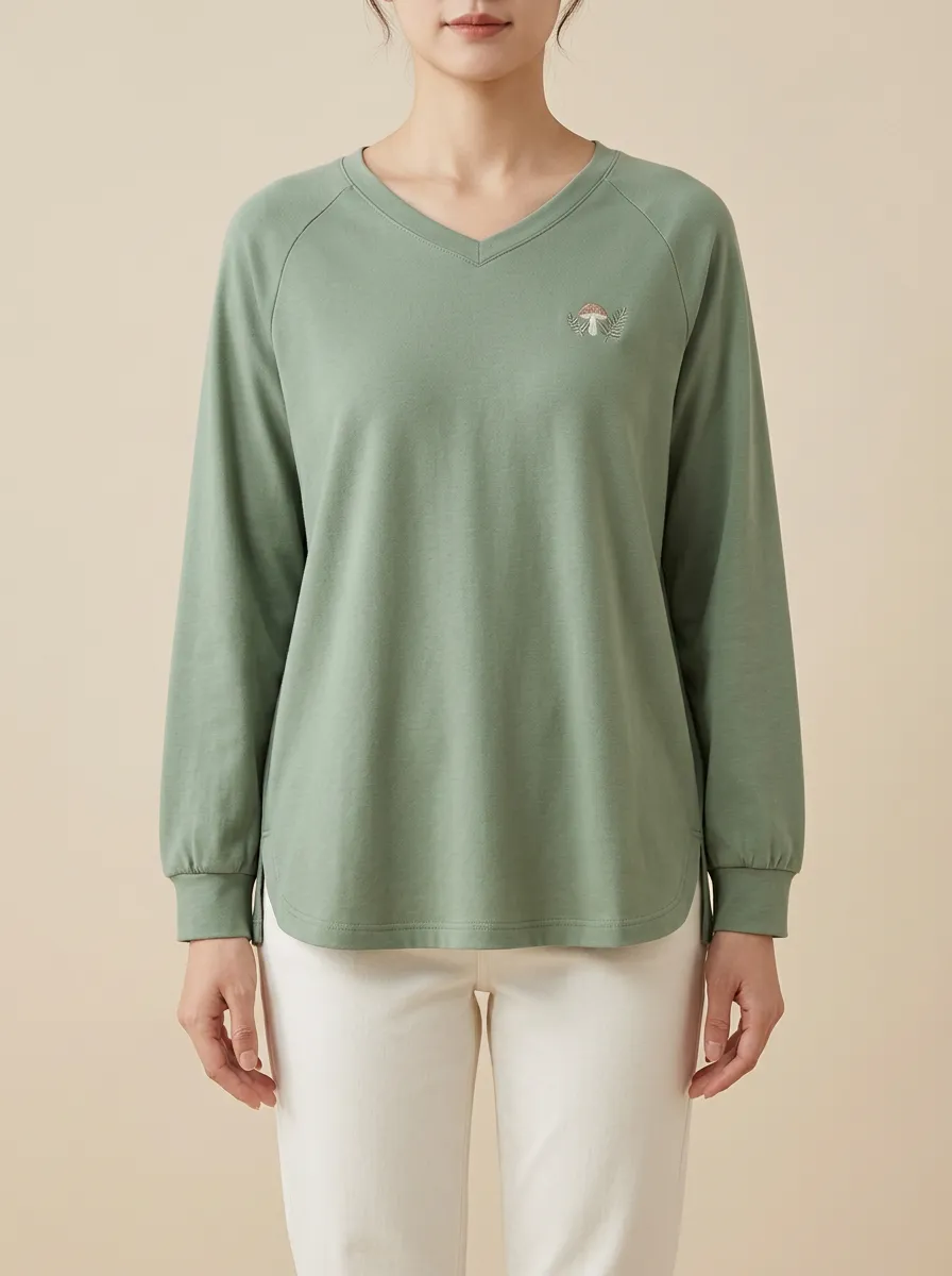Women's Mushroom Embroidered V-Neck Pullover