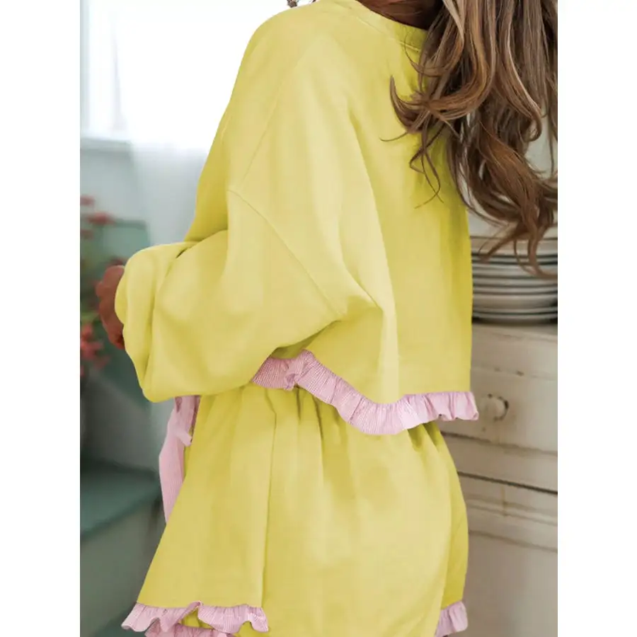 Contrast Frill Hem Round Neck Top and Shorts Set