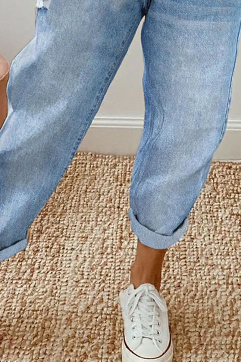 Drawstring Waist Ripped Jeans
