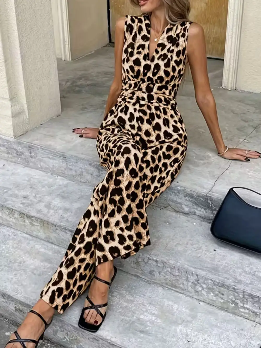 Sleeveless V Neck Leopard Print Wide Jumpsuit