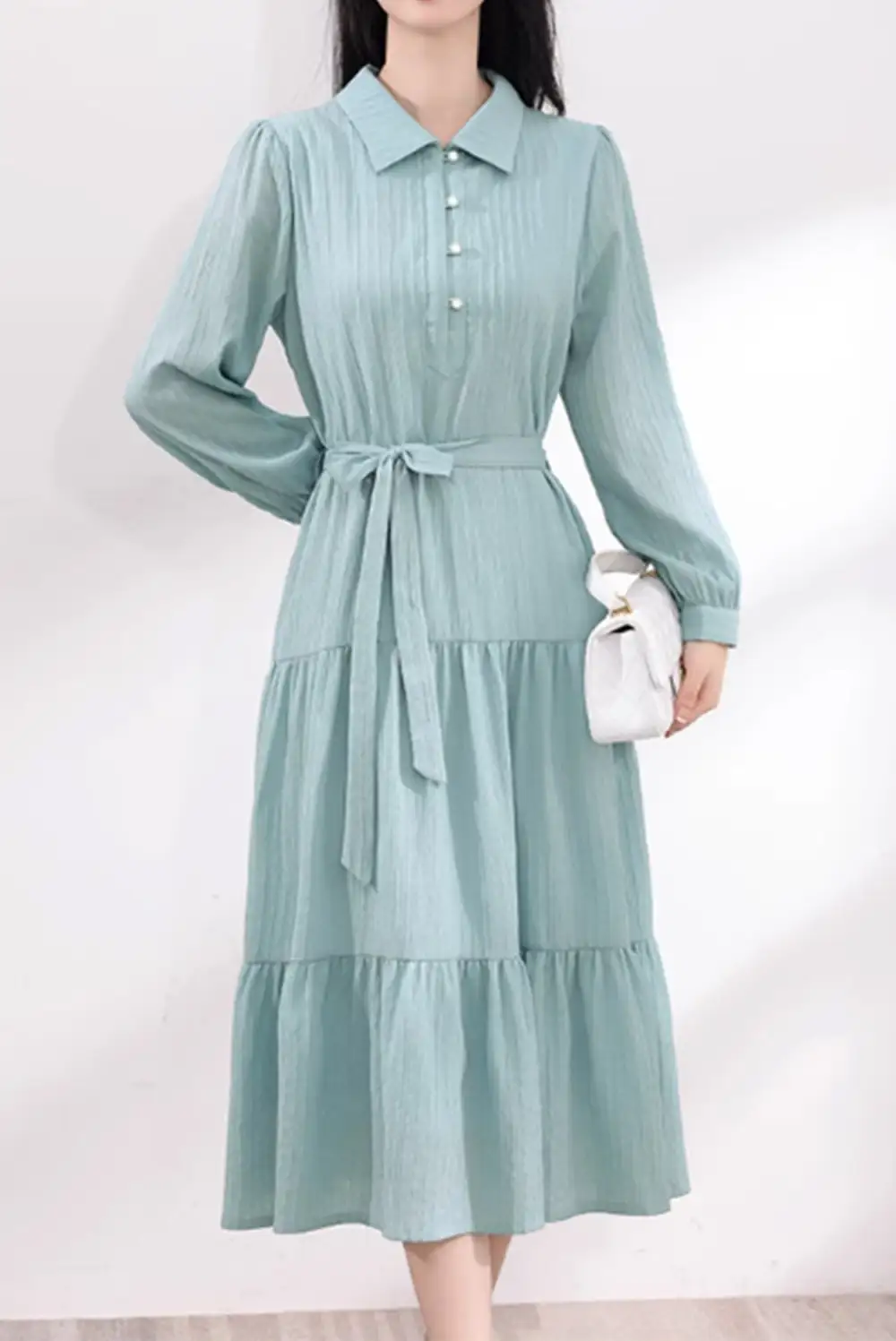 Polyester Shirt Tiered Lapel Collar Long Sleeve Midi Dress