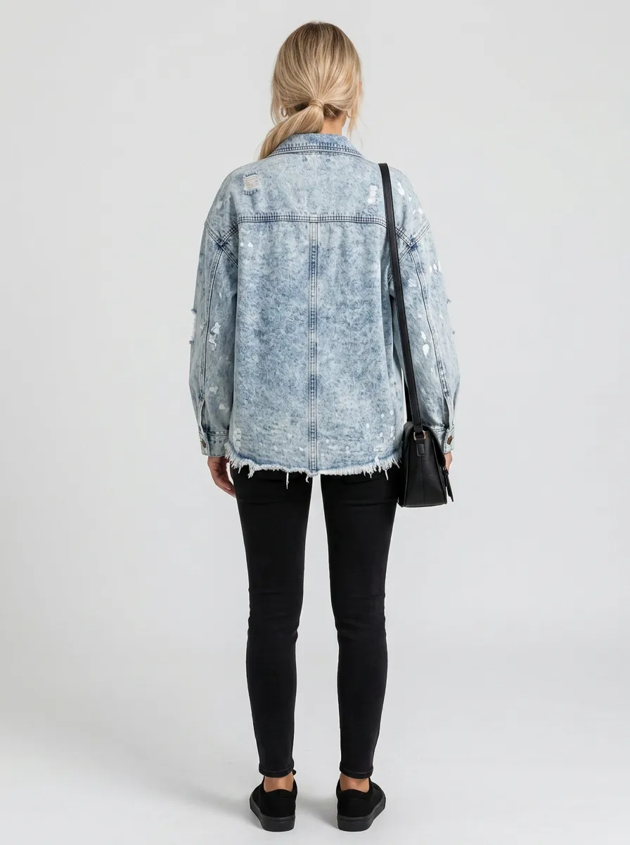 Women's Distressed Acid Wash Paint Splatter Printed Denim Jacket