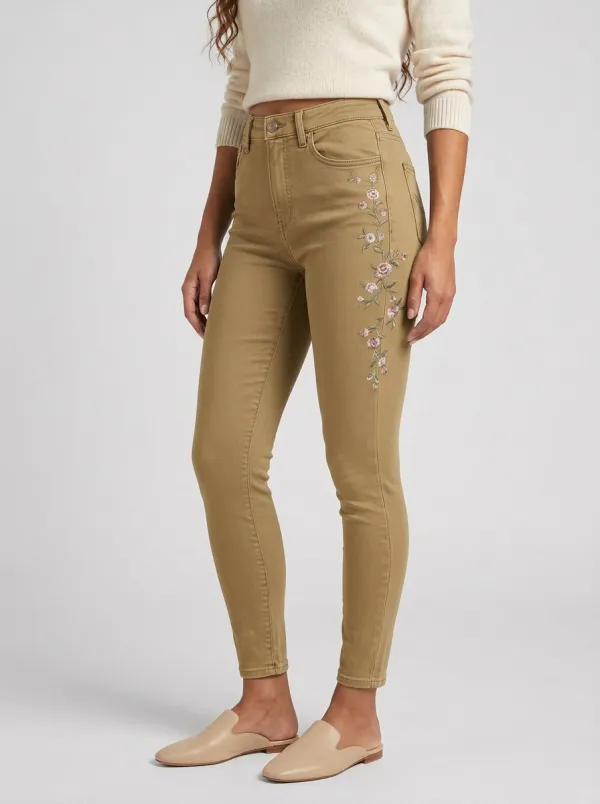 Women's Floral Vintage Rose Embroidered Slim Jeans
