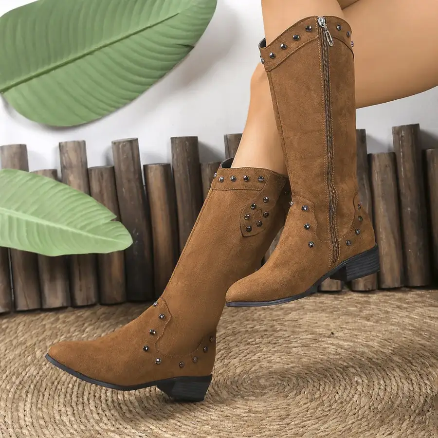 Studded Mid-calf Boots with Side Zipper Closure