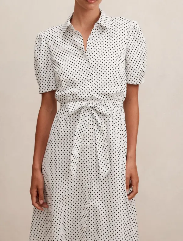White Black Dot Print Short Sleeve Tie Waist Midi Dress