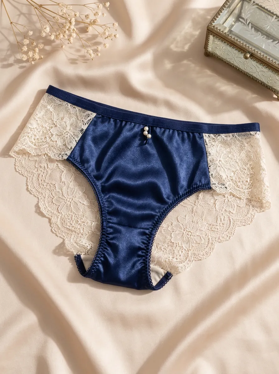 Women's Navy Satin Lace Trim Pearl Embellished Panties