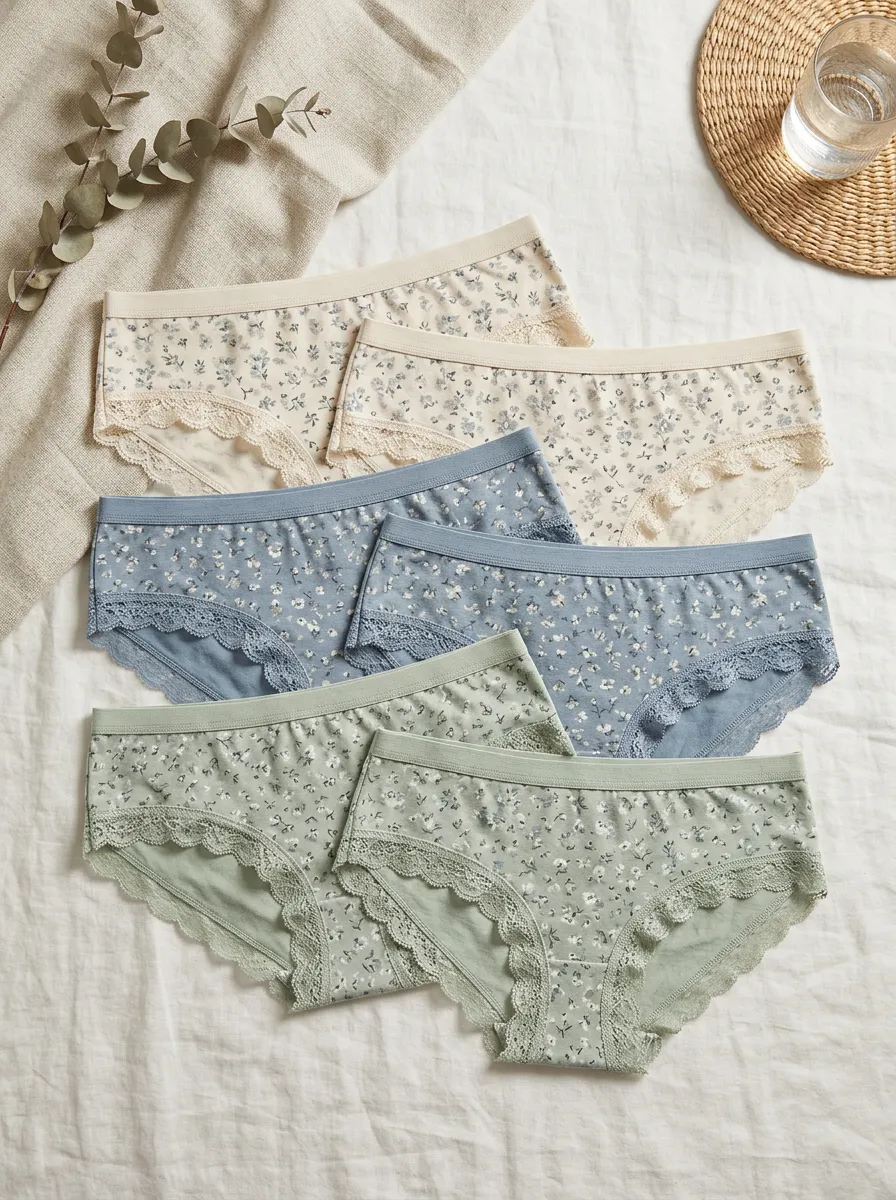 Women's Floral Lace Trim Printed Panties Set