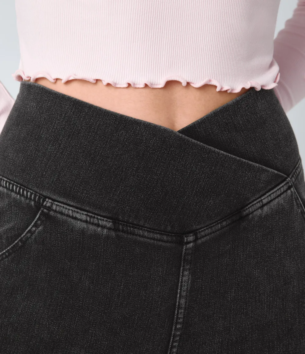 Magic High Waisted Crossover Pocket Cool Touch Washed Stretchy Knit Casual Super Flare Jeans