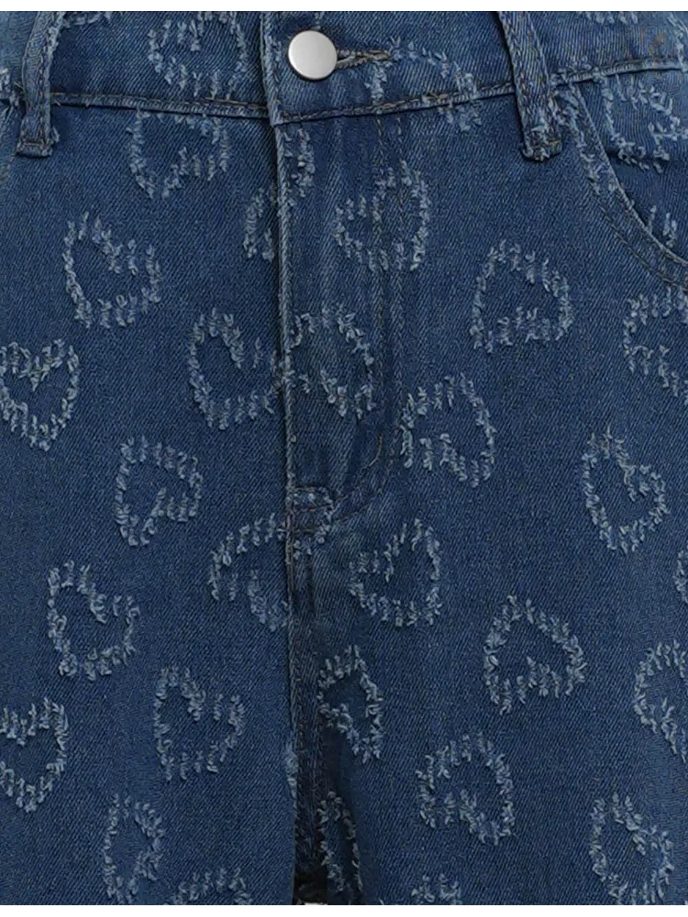 Valentine Heart Jacquard Button Wide Leg Denim Pants