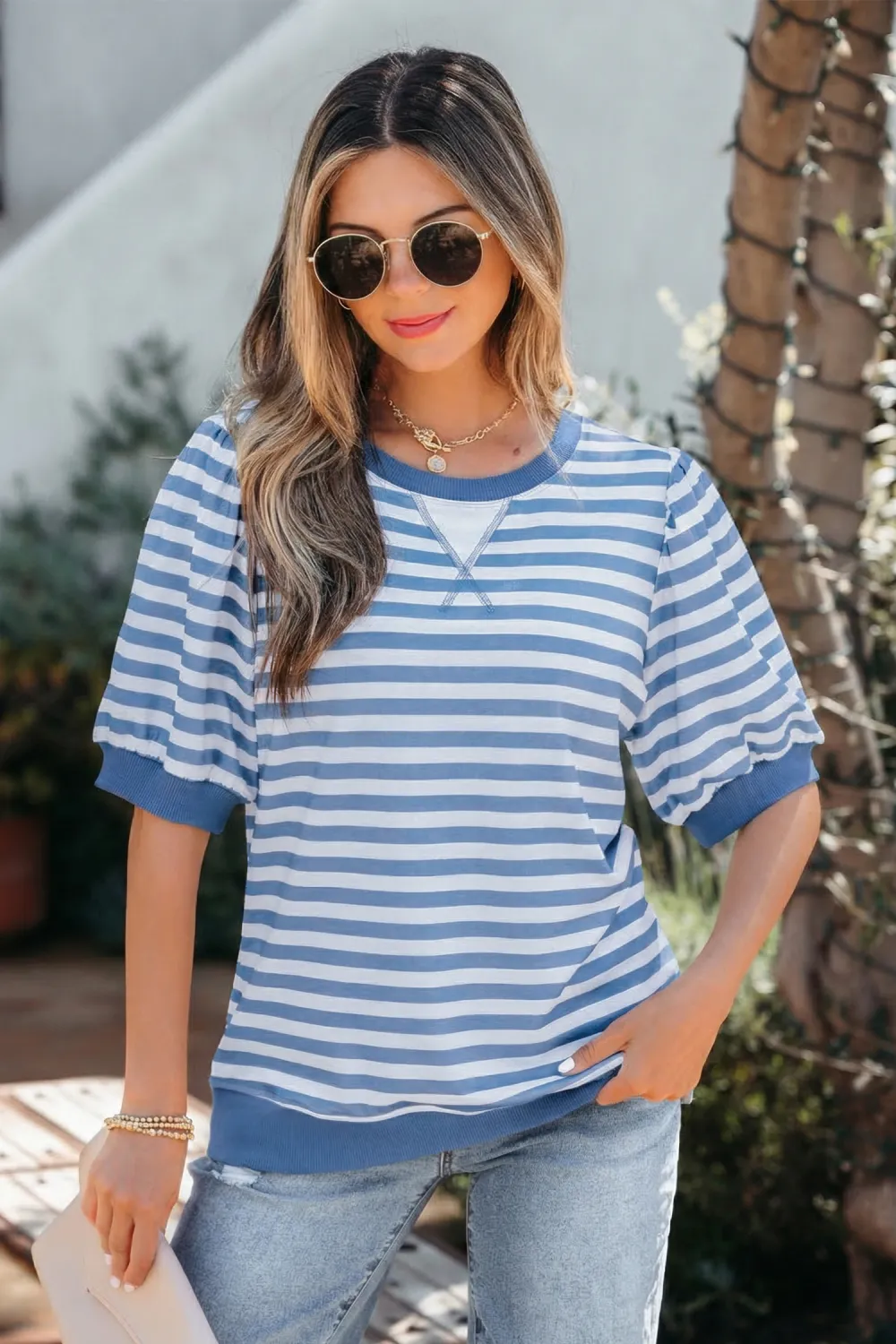 Sky Blue Stripe Short Bubble Tee