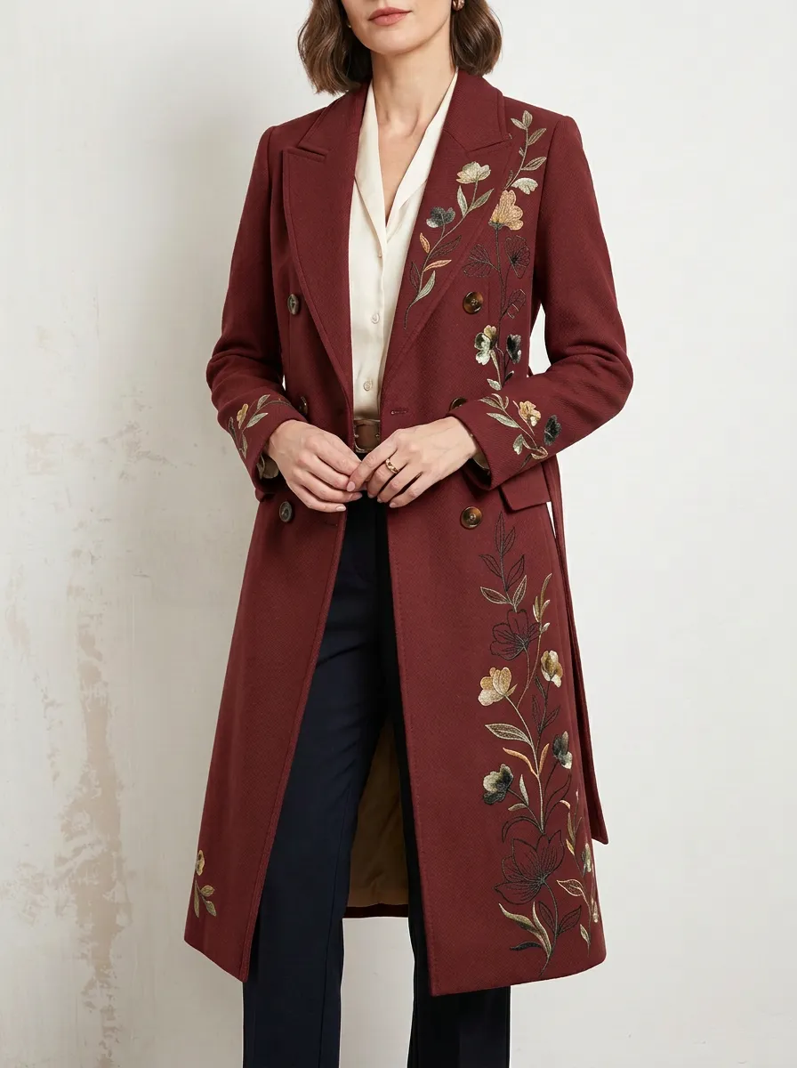Women's Floral Embroidered Camel Coat